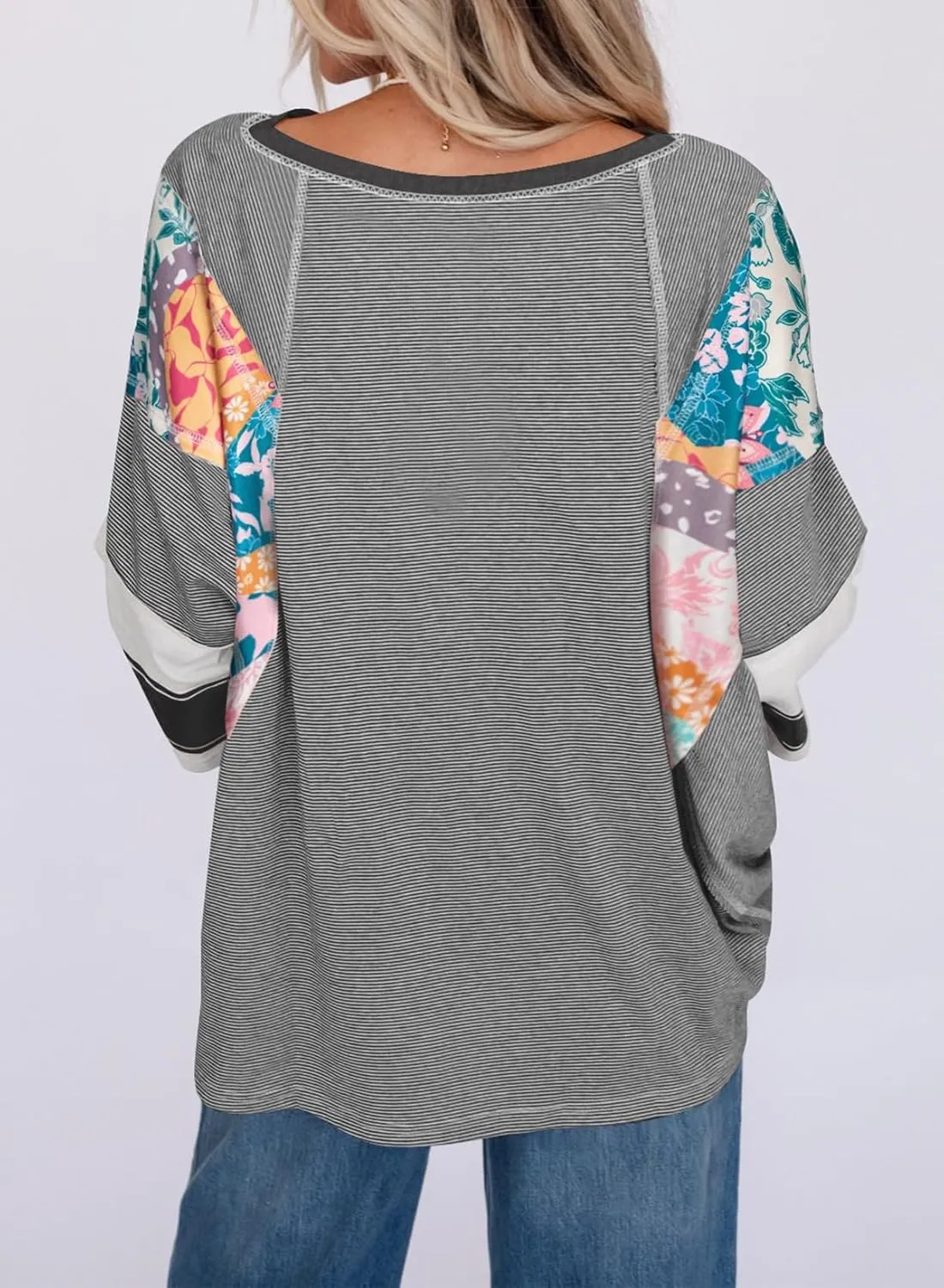 EVALESS 3/4 Length Sleeve Womens Tops Trendy 2025 Spring Summer Crew Neck Oversized Striped Patchwork Shirts Blouse