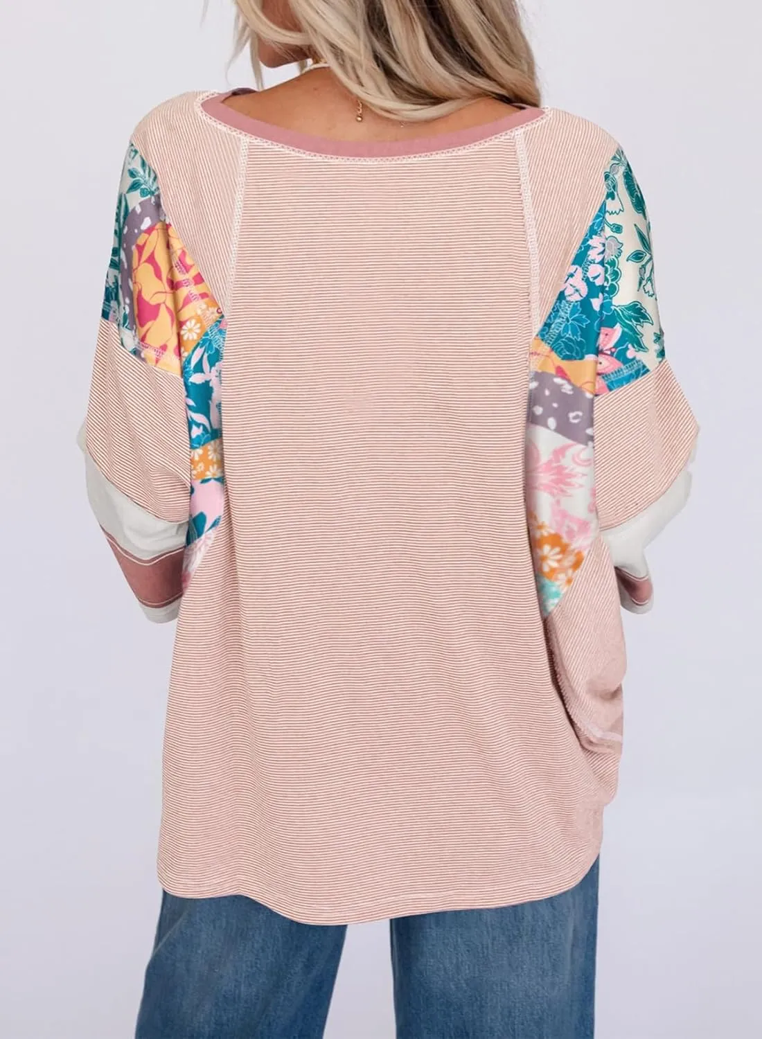 EVALESS 3/4 Length Sleeve Womens Tops Trendy 2025 Spring Summer Crew Neck Oversized Striped Patchwork Shirts Blouse
