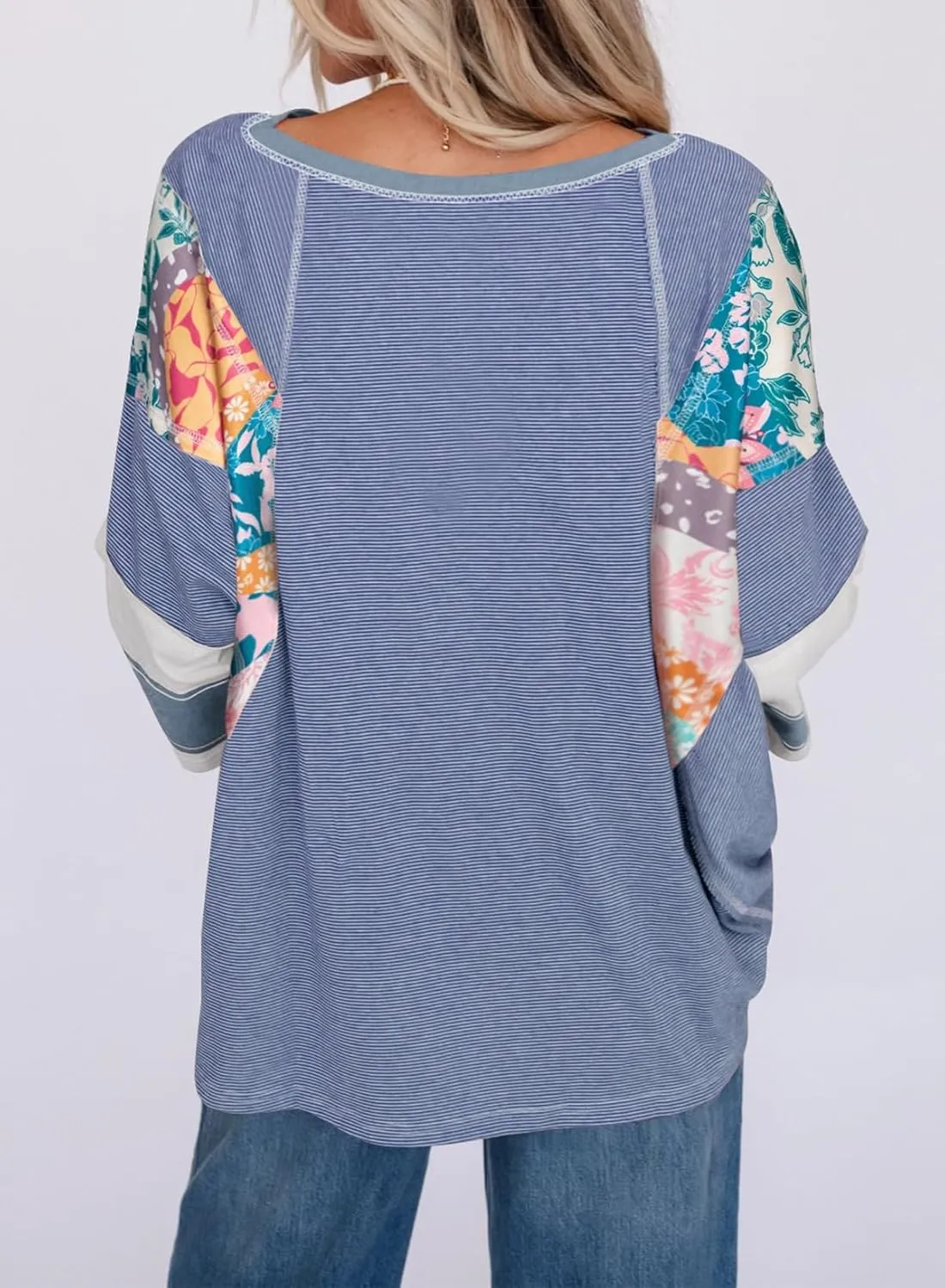 EVALESS 3/4 Length Sleeve Womens Tops Trendy 2025 Spring Summer Crew Neck Oversized Striped Patchwork Shirts Blouse