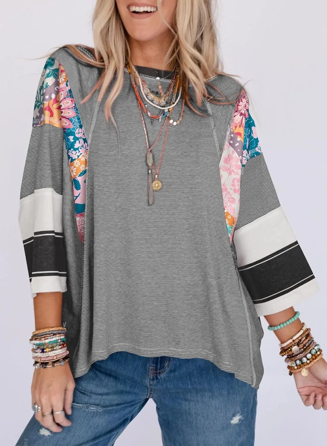 EVALESS 3/4 Length Sleeve Womens Tops Trendy 2025 Spring Summer Crew Neck Oversized Striped Patchwork Shirts Blouse