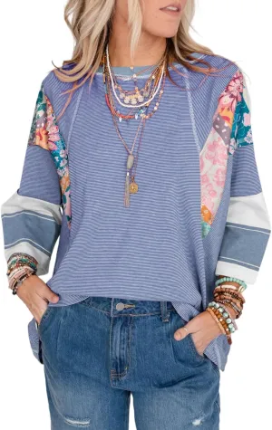 EVALESS 3/4 Length Sleeve Womens Tops Trendy 2025 Spring Summer Crew Neck Oversized Striped Patchwork Shirts Blouse
