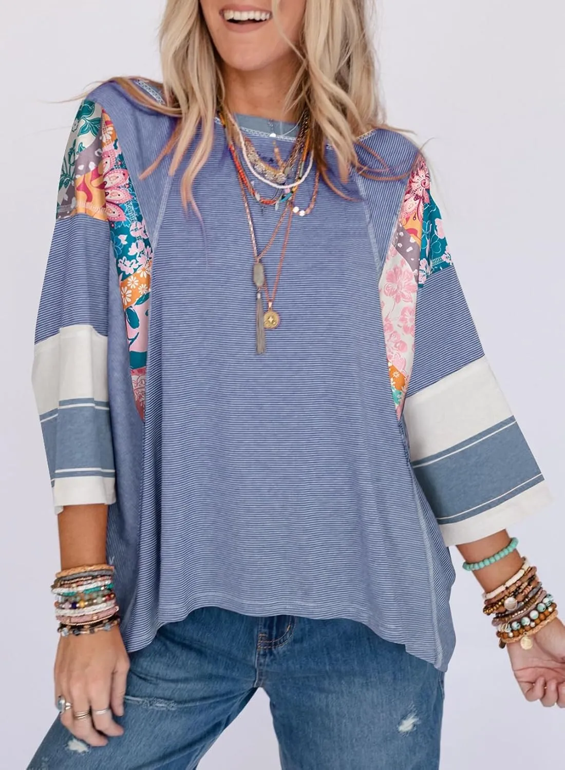 EVALESS 3/4 Length Sleeve Womens Tops Trendy 2025 Spring Summer Crew Neck Oversized Striped Patchwork Shirts Blouse