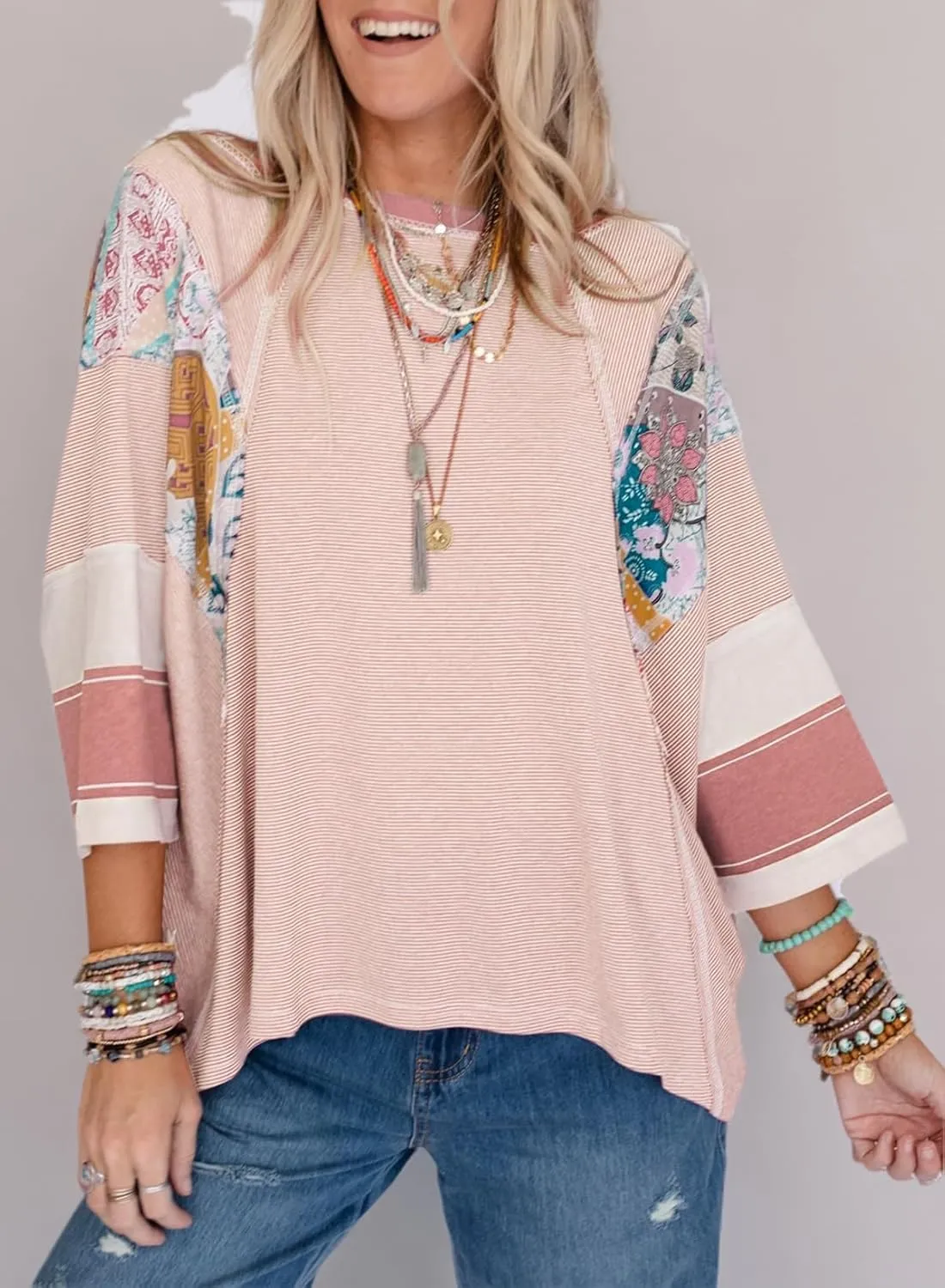 EVALESS 3/4 Length Sleeve Womens Tops Trendy 2025 Spring Summer Crew Neck Oversized Striped Patchwork Shirts Blouse