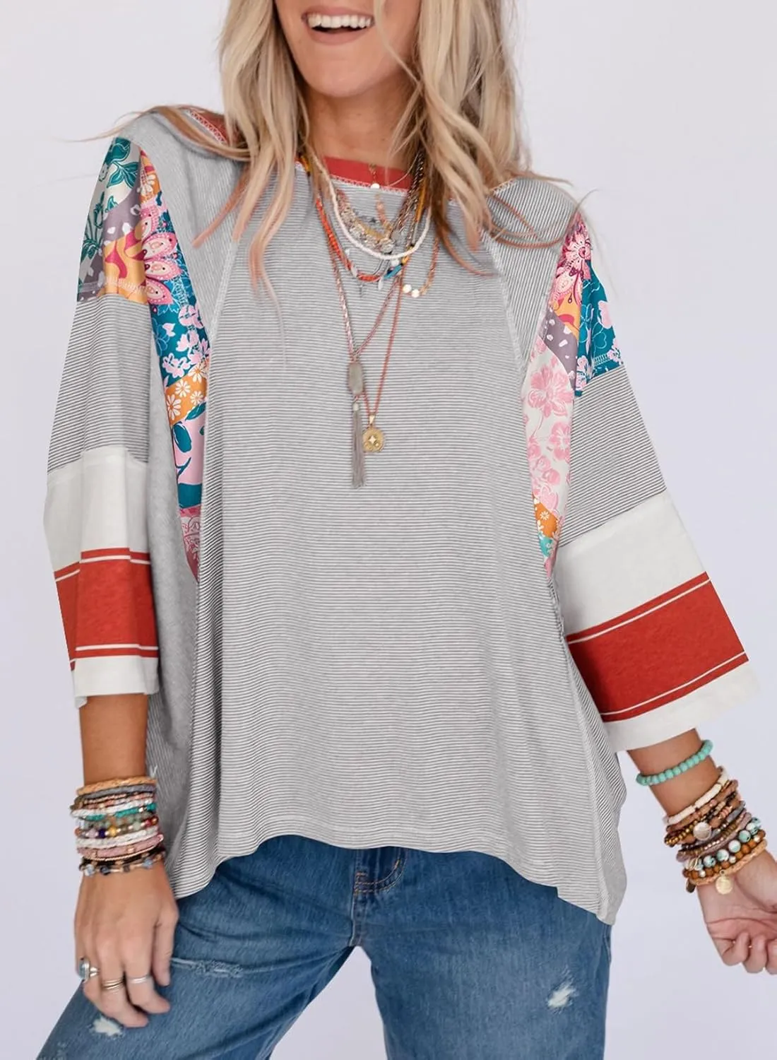 EVALESS 3/4 Length Sleeve Womens Tops Trendy 2025 Spring Summer Crew Neck Oversized Striped Patchwork Shirts Blouse