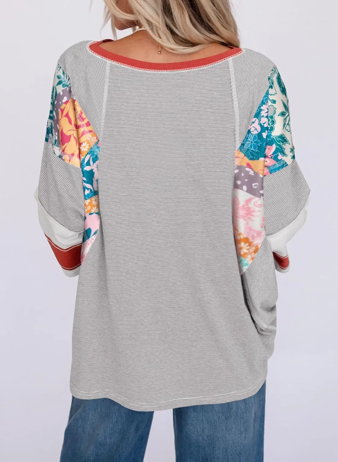 EVALESS 3/4 Length Sleeve Womens Tops Trendy 2025 Spring Summer Crew Neck Oversized Striped Patchwork Shirts Blouse