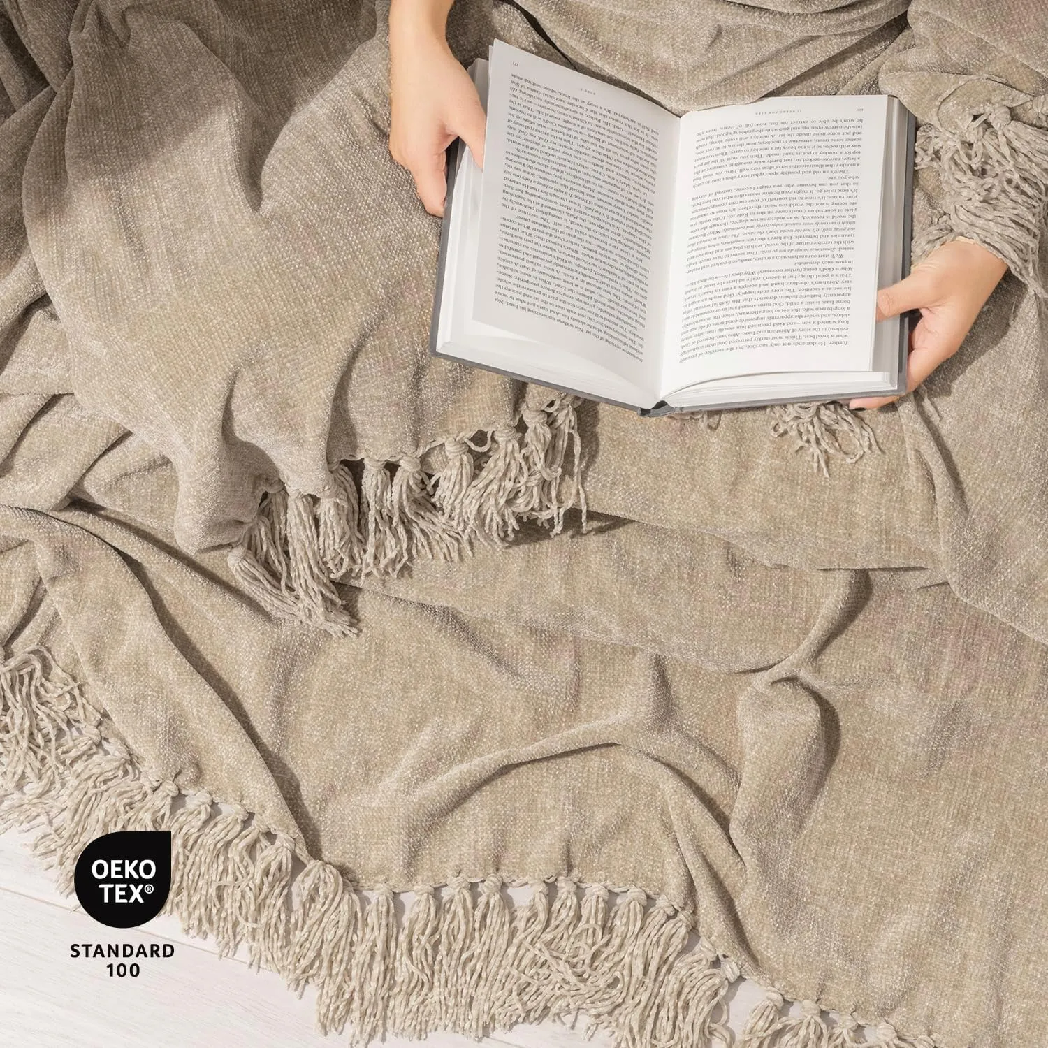 EVERGRACE Soft Chenille Throw Blanket for Couch, Cozy Plush Fuzzy Decorative Chenille Knit Throw Blanket with Tassels, Lightweight Blanket and Throws for Bed Sofa Gift Home Decor, Beige 50"x60"