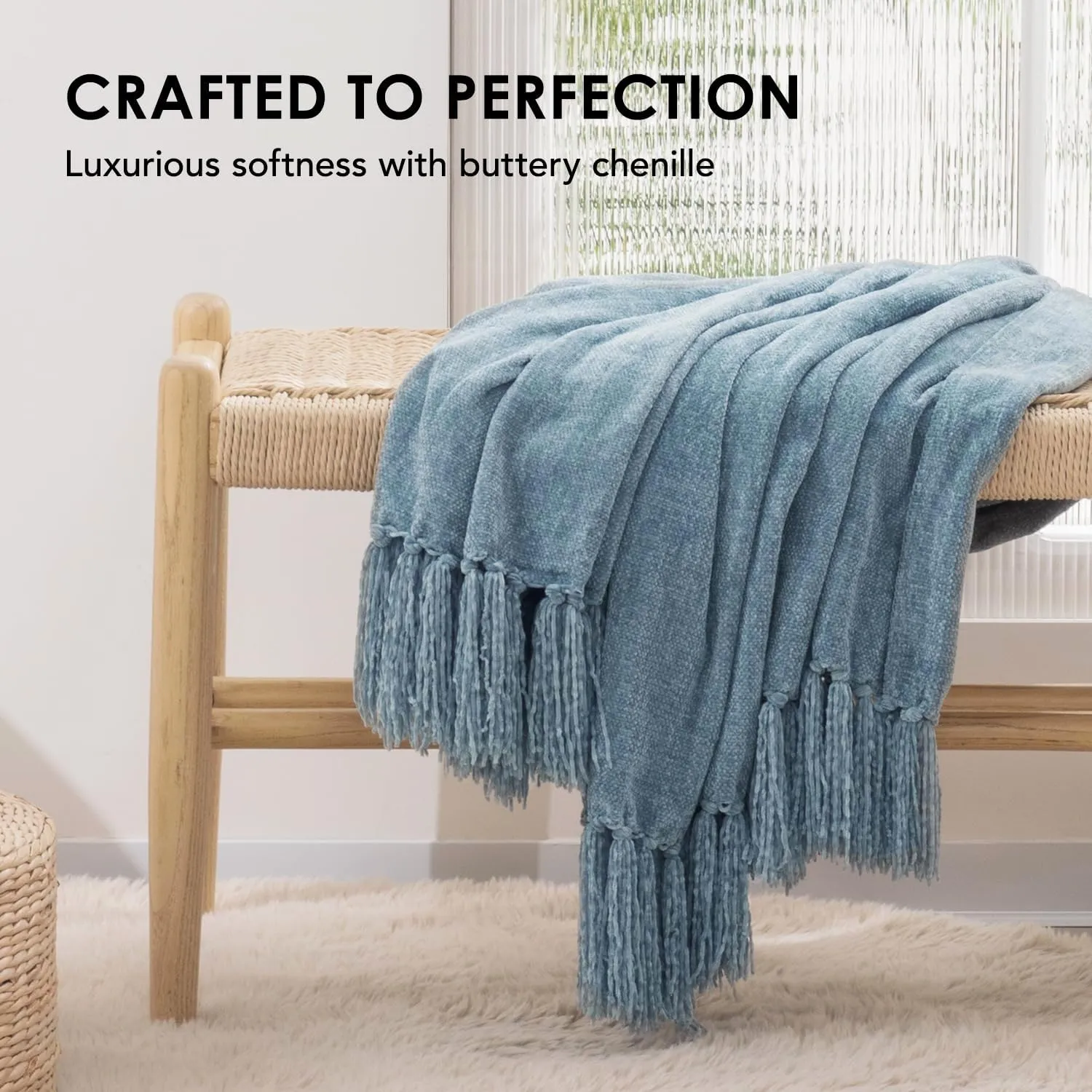 EVERGRACE Soft Chenille Throw Blanket for Couch, Cozy Plush Fuzzy Decorative Chenille Knit Throw Blanket with Tassels, Lightweight Blanket and Throws for Bed Sofa Gift Home Decor, Cloud Blue 50"x60"