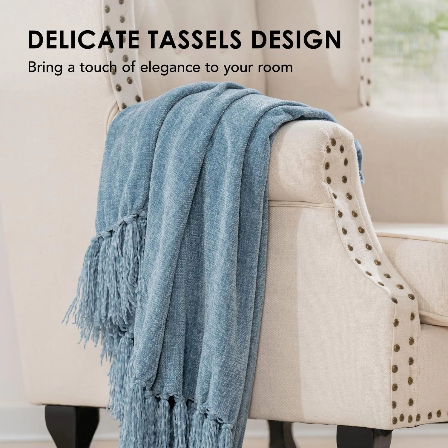 EVERGRACE Soft Chenille Throw Blanket for Couch, Cozy Plush Fuzzy Decorative Chenille Knit Throw Blanket with Tassels, Lightweight Blanket and Throws for Bed Sofa Gift Home Decor, Cloud Blue 50"x60"