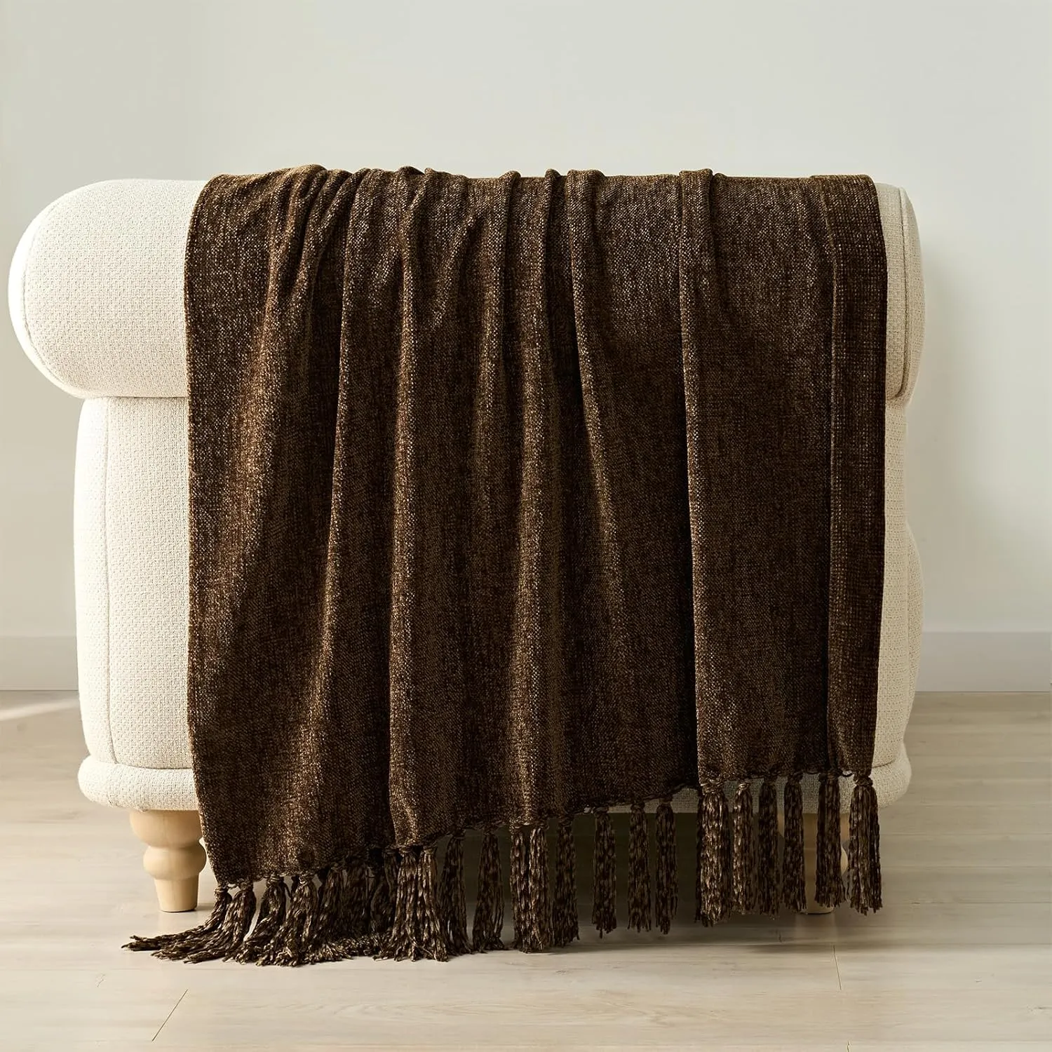 EVERGRACE Soft Chenille Throw Blanket for Couch, Cozy Plush Fuzzy Decorative Chenille Knit Throw Blanket with Tassels, Lightweight Blanket and Throws for Bed Sofa Gift Home Decor, Dark Brown 50"x60"