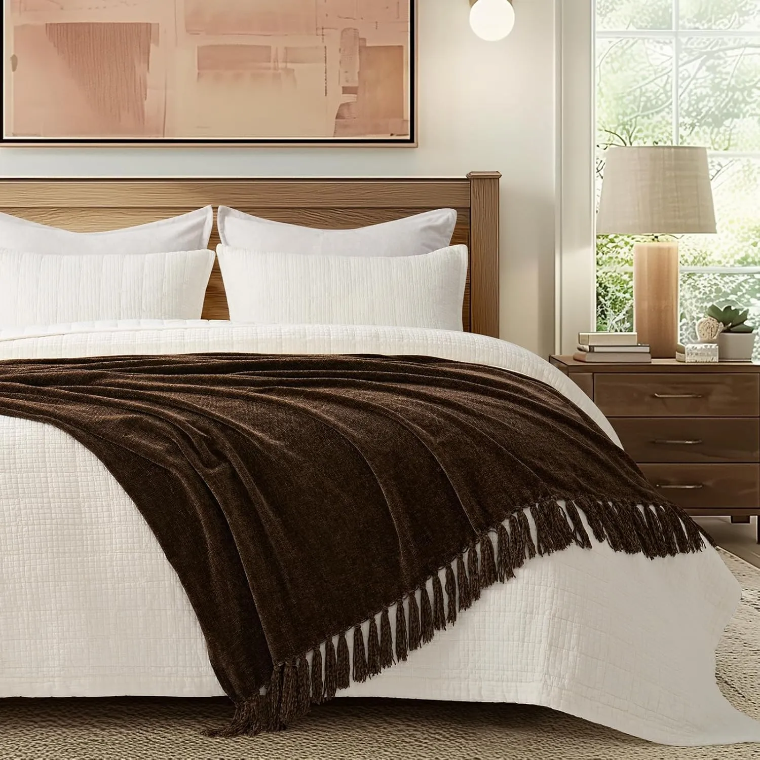 EVERGRACE Soft Chenille Throw Blanket for Couch, Cozy Plush Fuzzy Decorative Chenille Knit Throw Blanket with Tassels, Lightweight Blanket and Throws for Bed Sofa Gift Home Decor, Dark Brown 50"x60"
