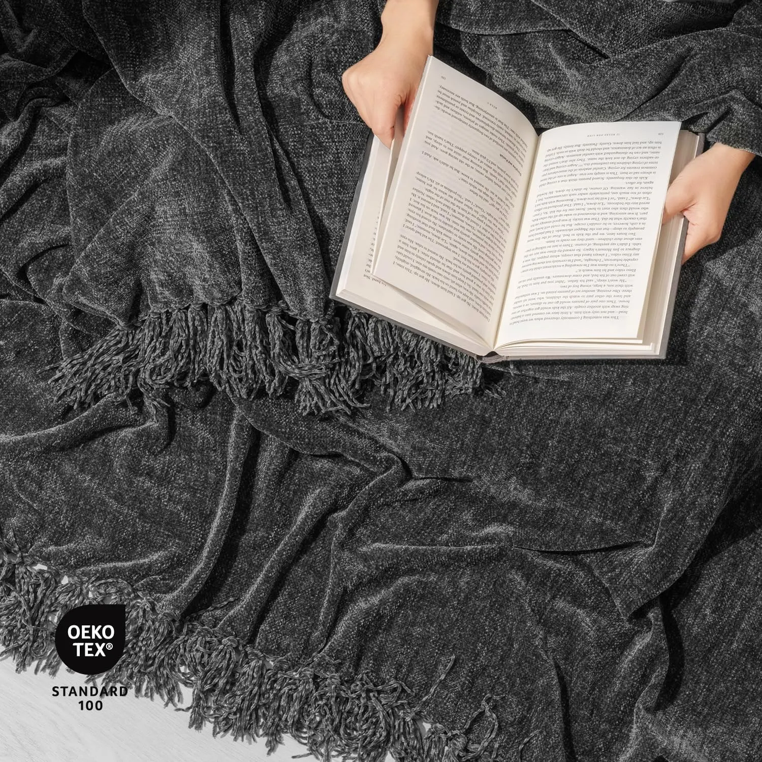 EVERGRACE Soft Chenille Throw Blanket for Couch, Cozy Plush Fuzzy Decorative Chenille Knit Throw Blanket with Tassels, Lightweight Blanket and Throws for Bed Sofa Gift Home Decor, Iron Black 50"x60"
