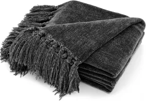 EVERGRACE Soft Chenille Throw Blanket for Couch, Cozy Plush Fuzzy Decorative Chenille Knit Throw Blanket with Tassels, Lightweight Blanket and Throws for Bed Sofa Gift Home Decor, Iron Black 50"x60"