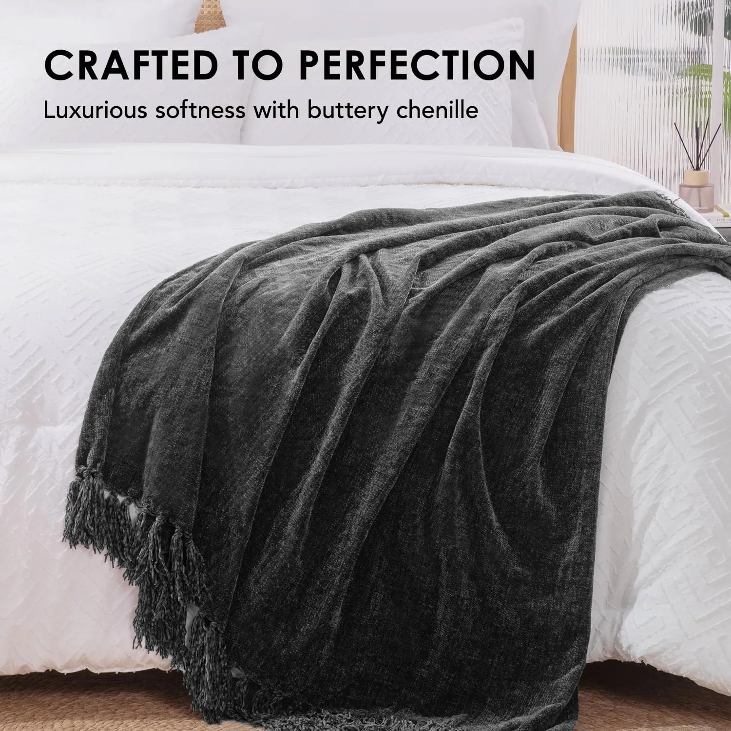 EVERGRACE Soft Chenille Throw Blanket for Couch, Cozy Plush Fuzzy Decorative Chenille Knit Throw Blanket with Tassels, Lightweight Blanket and Throws for Bed Sofa Gift Home Decor, Iron Black 50"x60"
