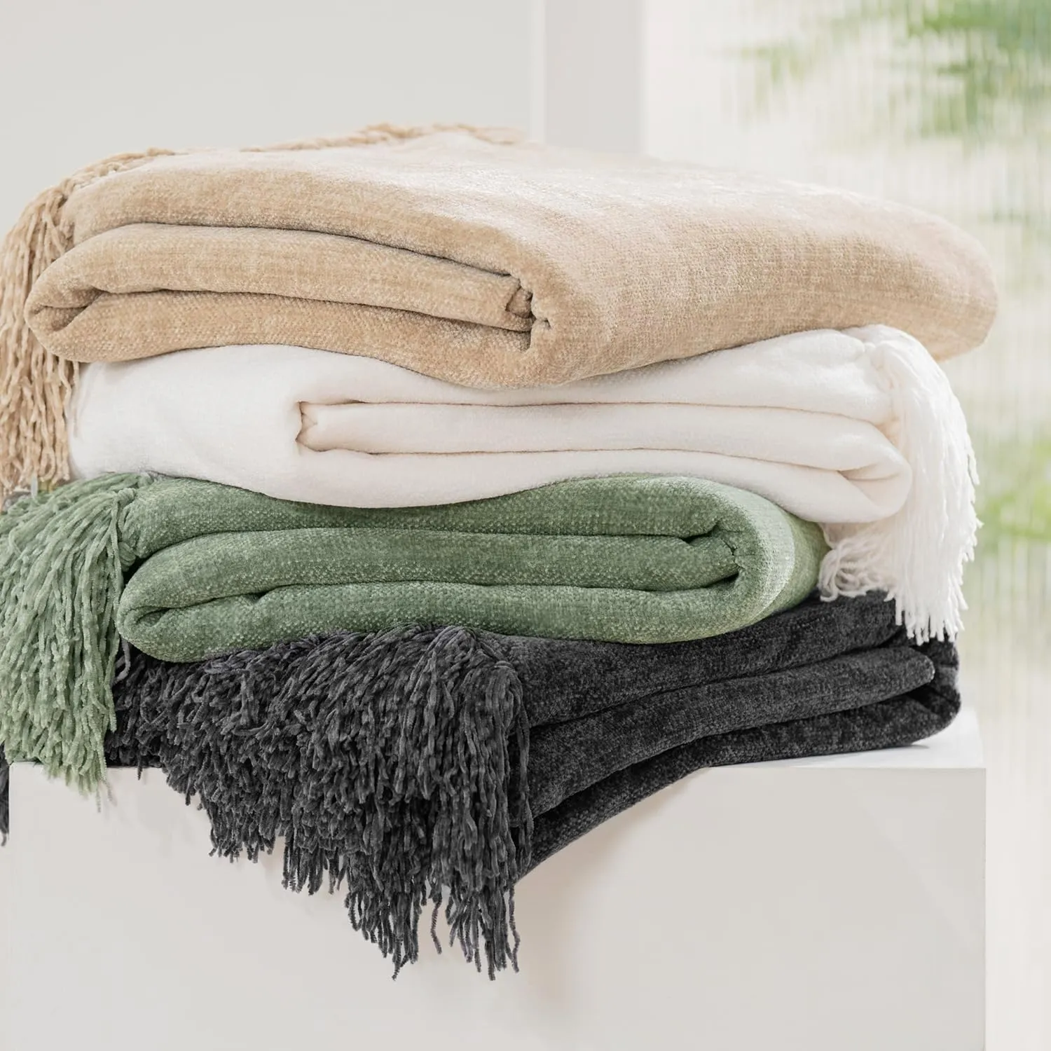 EVERGRACE Soft Chenille Throw Blanket for Couch, Cozy Plush Fuzzy Decorative Chenille Knit Throw Blanket with Tassels, Lightweight Blanket and Throws for Bed Sofa Gift Home Decor, Iron Black 50"x60"