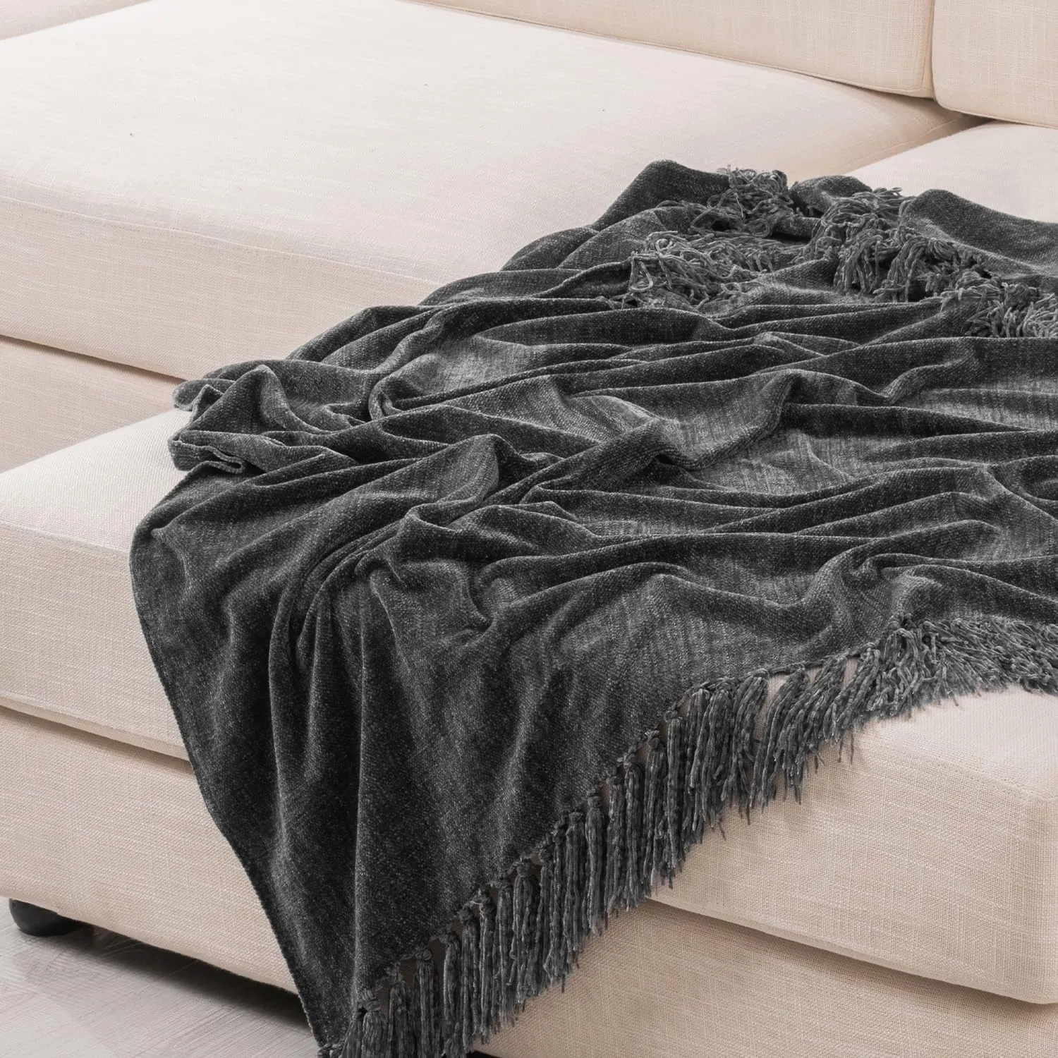 EVERGRACE Soft Chenille Throw Blanket for Couch, Cozy Plush Fuzzy Decorative Chenille Knit Throw Blanket with Tassels, Lightweight Blanket and Throws for Bed Sofa Gift Home Decor, Iron Black 50"x60"