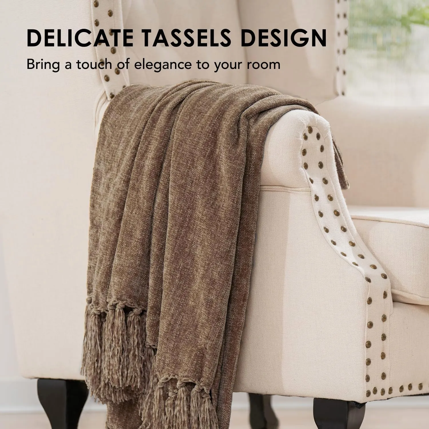 EVERGRACE Soft Chenille Throw Blanket for Couch, Cozy Plush Fuzzy Decorative Chenille Knit Throw Blanket with Tassels, Lightweight Blanket and Throws for Bed Sofa Gift Home Decor, Mocha Brown 50"x60"