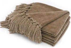 EVERGRACE Soft Chenille Throw Blanket for Couch, Cozy Plush Fuzzy Decorative Chenille Knit Throw Blanket with Tassels, Lightweight Blanket and Throws for Bed Sofa Gift Home Decor, Mocha Brown 50"x60"