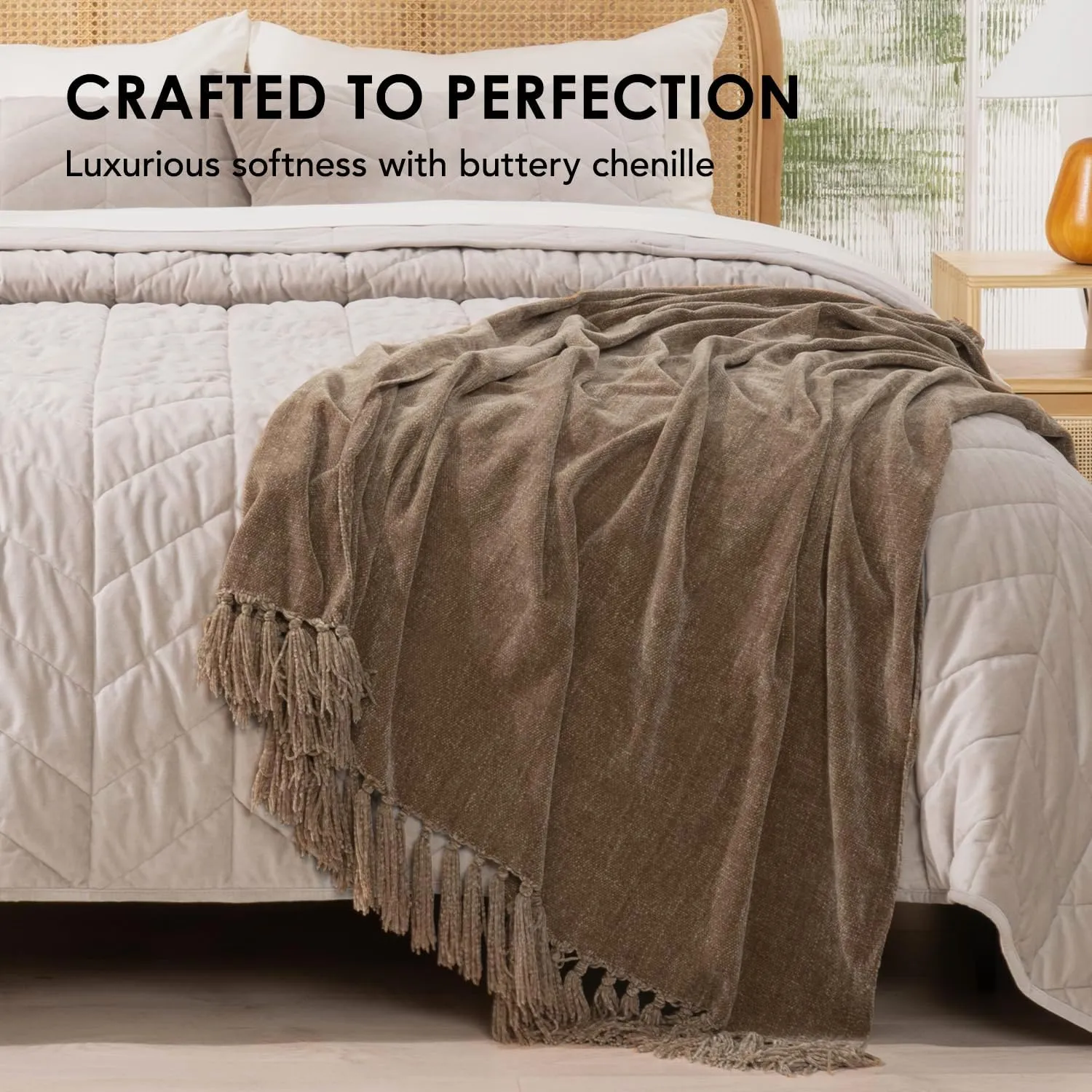 EVERGRACE Soft Chenille Throw Blanket for Couch, Cozy Plush Fuzzy Decorative Chenille Knit Throw Blanket with Tassels, Lightweight Blanket and Throws for Bed Sofa Gift Home Decor, Mocha Brown 50"x60"