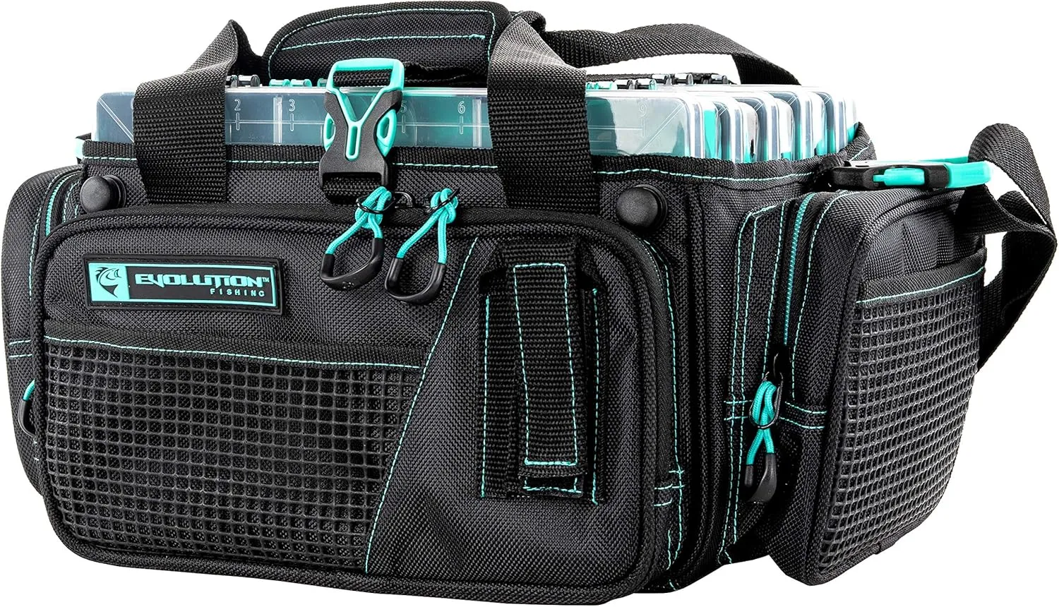 Evolution Outdoor Drift Series Topless Horizontal Tackle Bag – Outdoor Rucksack w/ 5 Fishing Tackle Trays, Padded Handle and Shoulder Strap, Plier Holster, Tackle Carrying Case