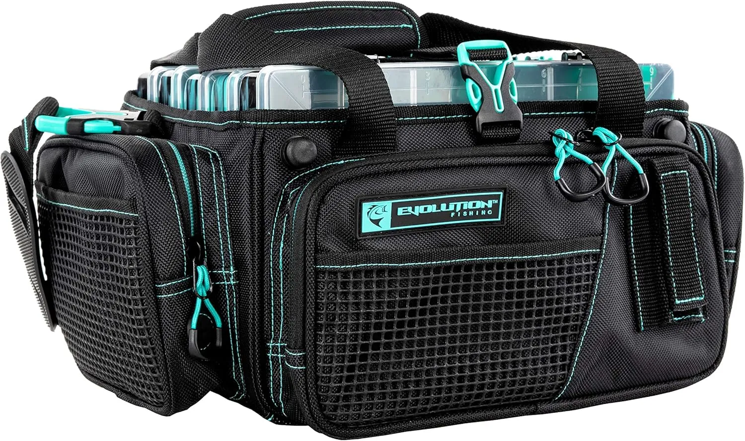 Evolution Outdoor Drift Series Topless Horizontal Tackle Bag – Outdoor Rucksack w/ 5 Fishing Tackle Trays, Padded Handle and Shoulder Strap, Plier Holster, Tackle Carrying Case