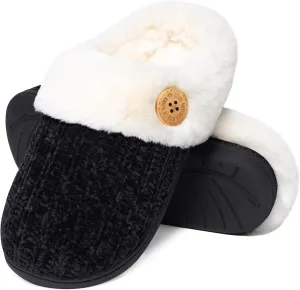 Evshine Warm Knit House Slippers for Women Comfy Wool-Like Lined Chenille Slippers with Memory Foam and Indoor Outdoor Soles