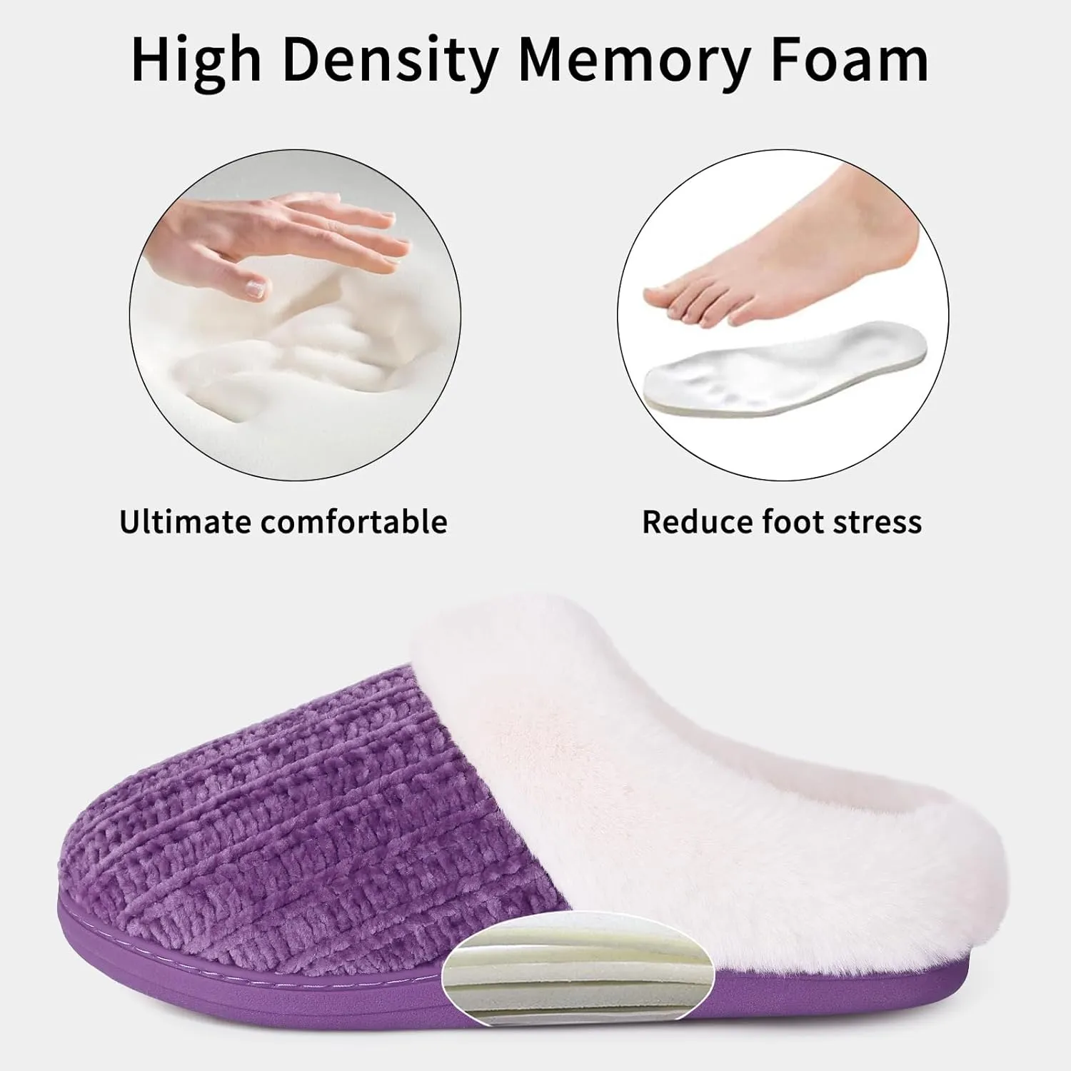 Evshine Warm Knit House Slippers for Women Comfy Wool-Like Lined Chenille Slippers with Memory Foam and Indoor Outdoor Soles