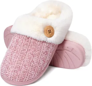 Evshine Warm Knit House Slippers for Women Comfy Wool-Like Lined Chenille Slippers with Memory Foam and Indoor Outdoor Soles