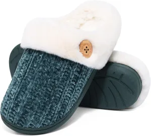 Evshine Warm Knit House Slippers for Women Comfy Wool-Like Lined Chenille Slippers with Memory Foam and Indoor Outdoor Soles