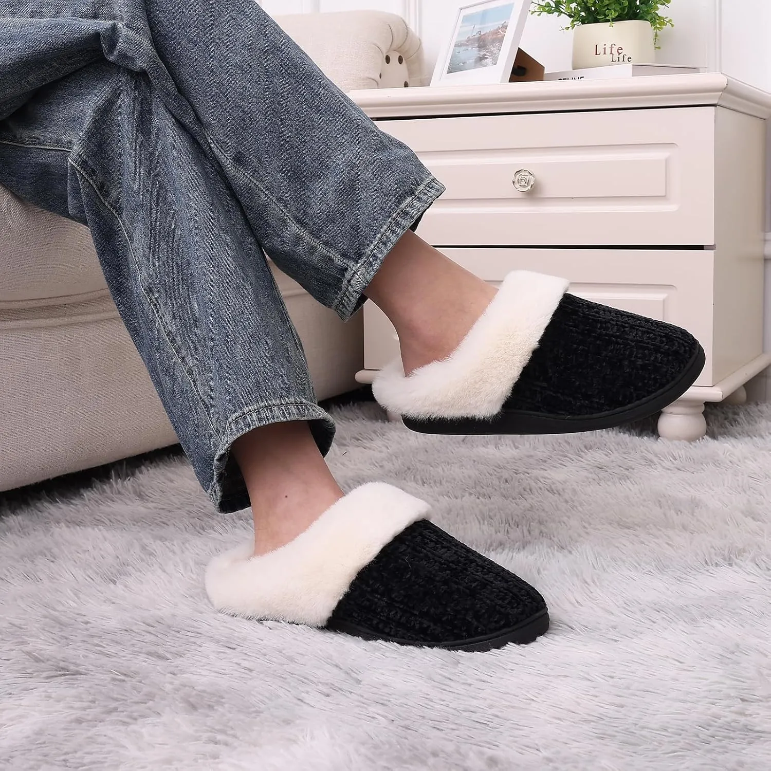Evshine Warm Knit House Slippers for Women Comfy Wool-Like Lined Chenille Slippers with Memory Foam and Indoor Outdoor Soles