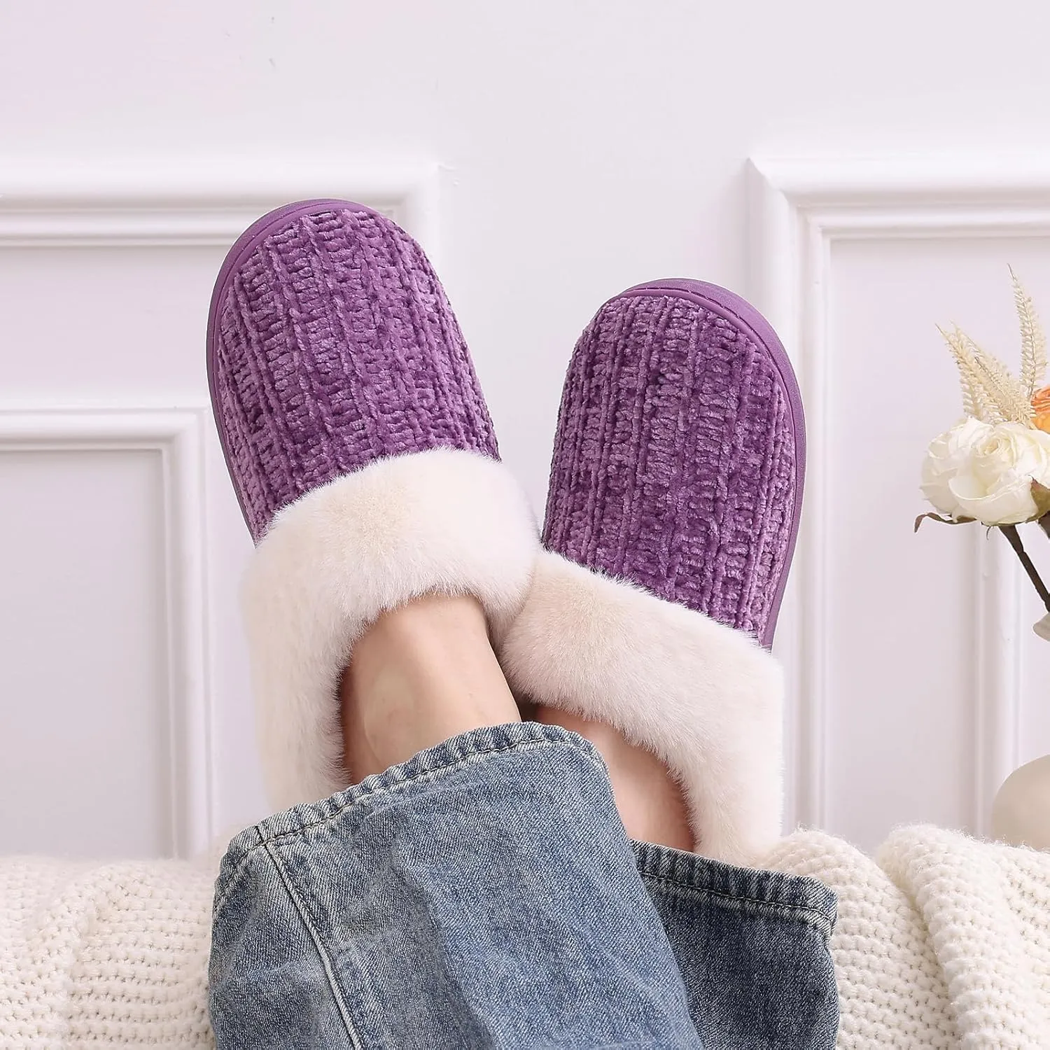 Evshine Warm Knit House Slippers for Women Comfy Wool-Like Lined Chenille Slippers with Memory Foam and Indoor Outdoor Soles