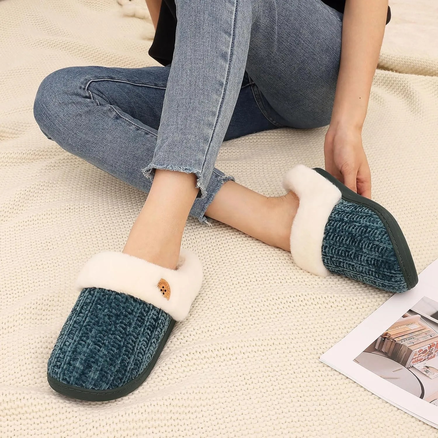Evshine Warm Knit House Slippers for Women Comfy Wool-Like Lined Chenille Slippers with Memory Foam and Indoor Outdoor Soles
