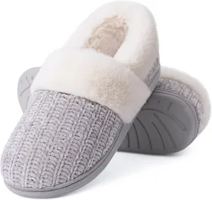 Evshine Women's Fuzzy Memory Foam Slippers, Closed Back Knit Bedroom Slippers, Slip-On Warm House Shoes for Indoor & Outdoor Comfort