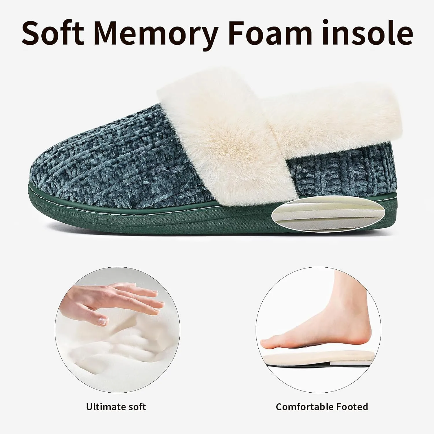 Evshine Women's Fuzzy Memory Foam Slippers, Closed Back Knit Bedroom Slippers, Slip-On Warm House Shoes for Indoor & Outdoor Comfort