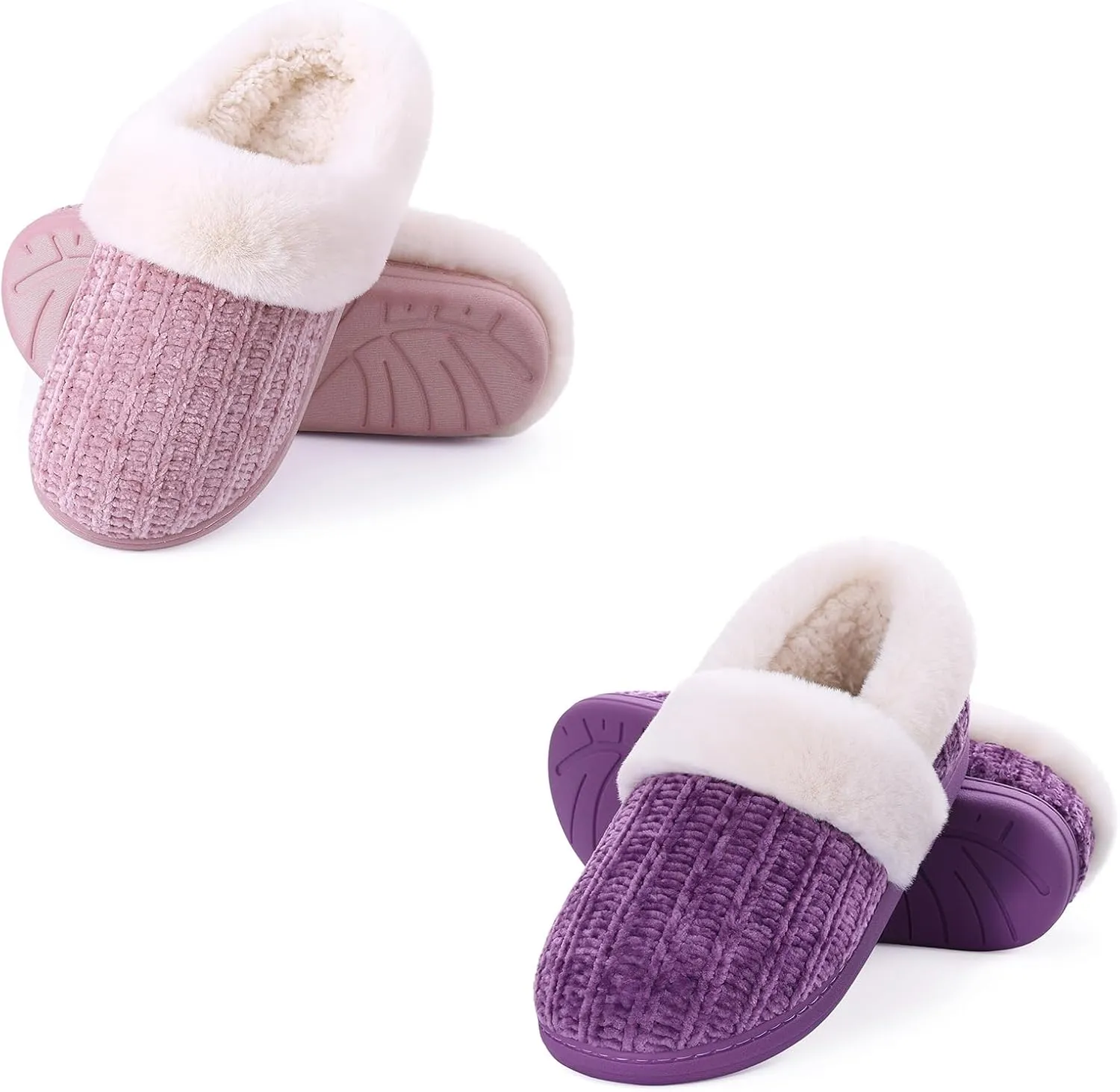 Evshine Women's Set of 2 Pairs - Chenille Knit Memory Foam Slippers (Size 8-9, Pink) - Closed Back Slippers (Size 7-8, Purple)
