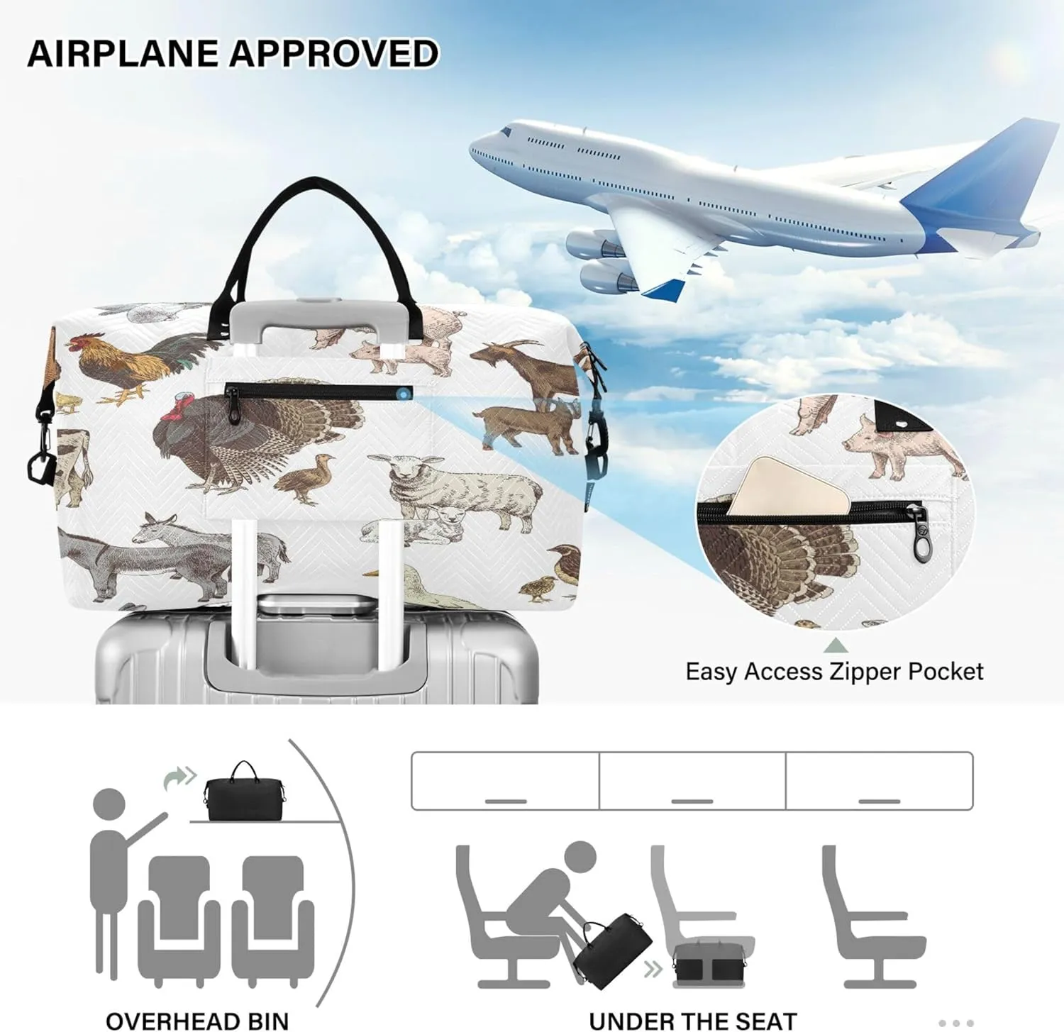 Exnundod Women Weekender Bags Hand Drawn Farm Animals Travel Duffel Bags Carry On Overnight Bag Sheep Pig Duck Large Hospital Tote Luggage