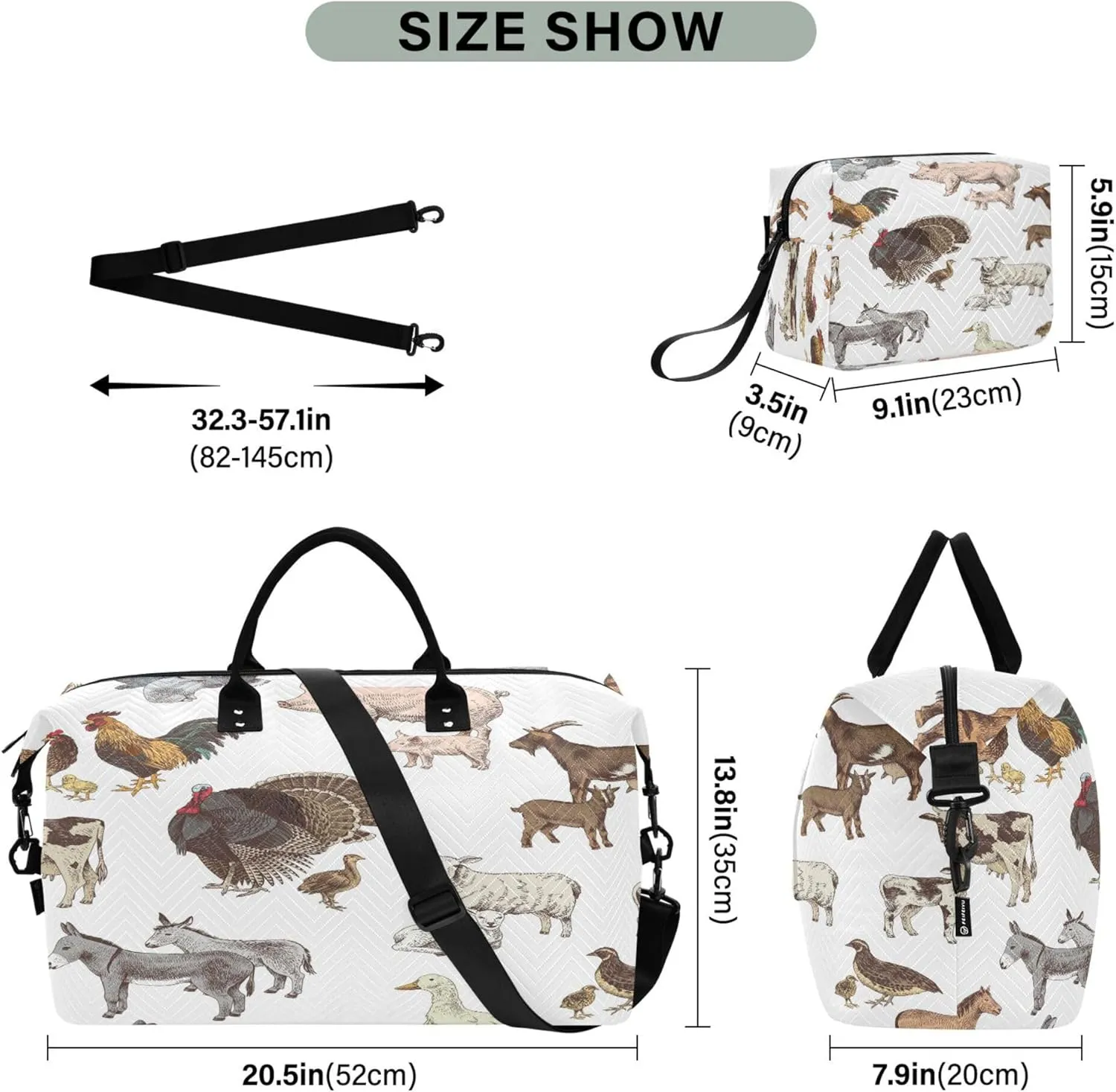 Exnundod Women Weekender Bags Hand Drawn Farm Animals Travel Duffel Bags Carry On Overnight Bag Sheep Pig Duck Large Hospital Tote Luggage