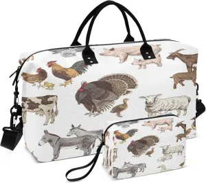 Exnundod Women Weekender Bags Hand Drawn Farm Animals Travel Duffel Bags Carry On Overnight Bag Sheep Pig Duck Large Hospital Tote Luggage