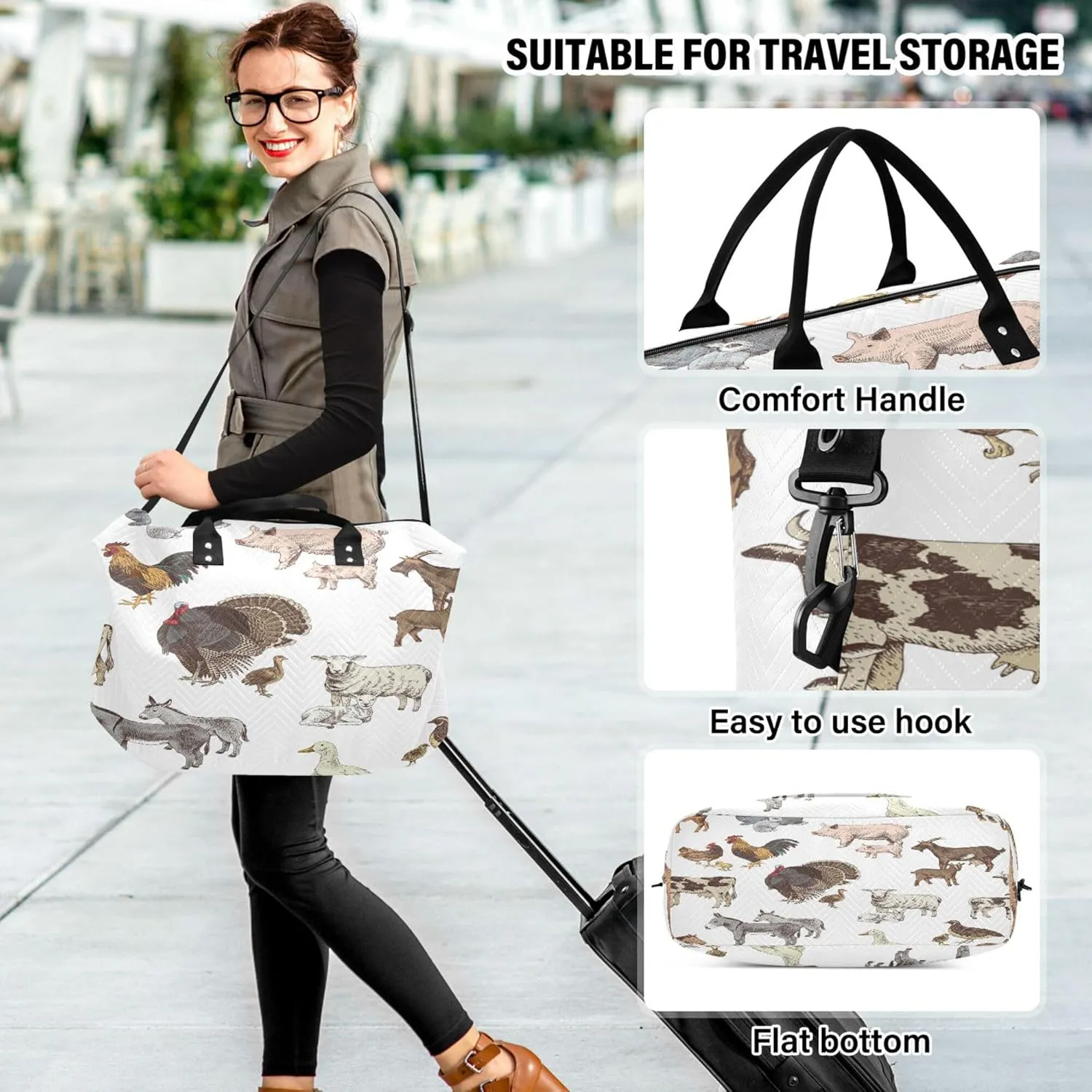Exnundod Women Weekender Bags Hand Drawn Farm Animals Travel Duffel Bags Carry On Overnight Bag Sheep Pig Duck Large Hospital Tote Luggage