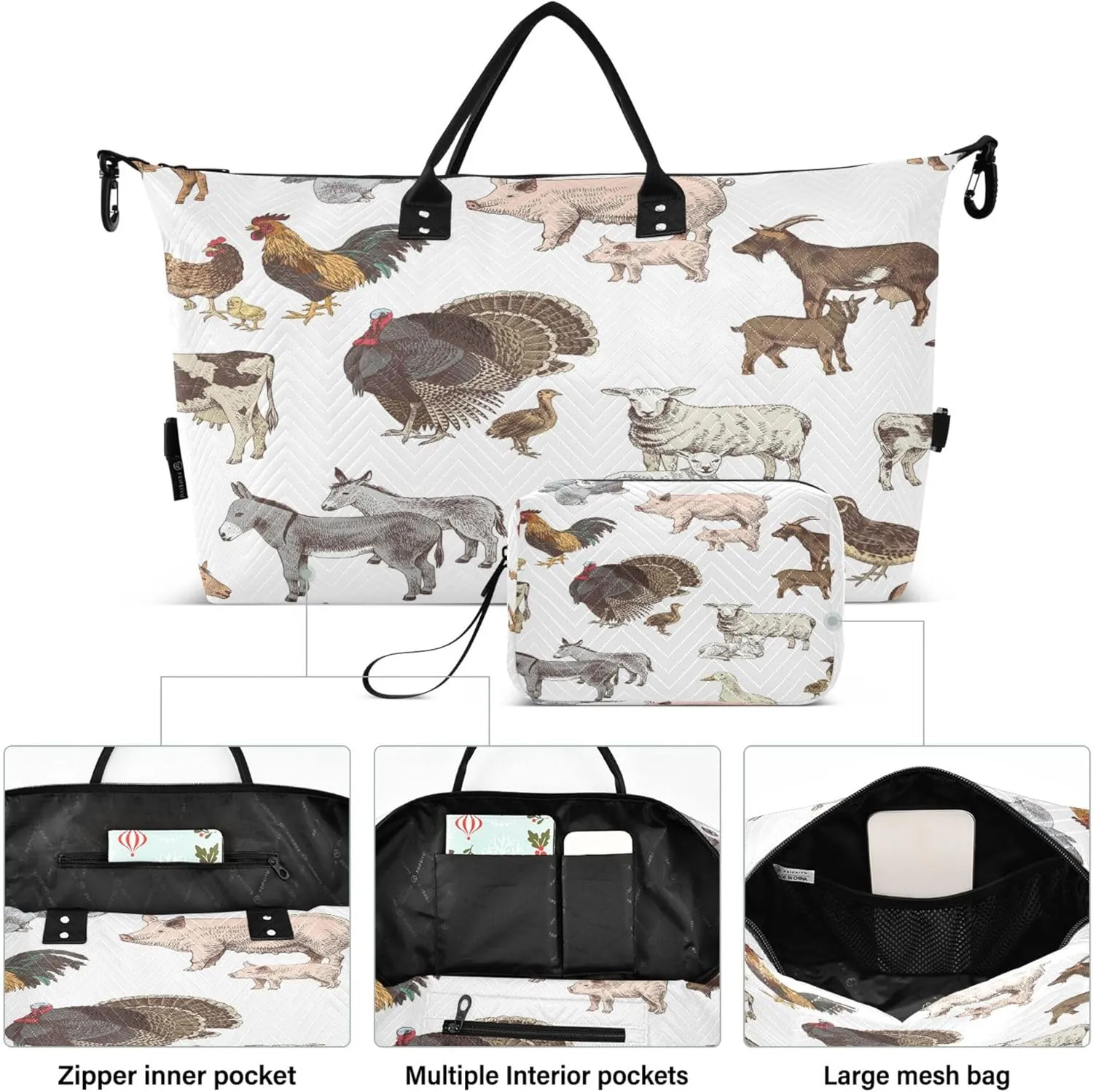 Exnundod Women Weekender Bags Hand Drawn Farm Animals Travel Duffel Bags Carry On Overnight Bag Sheep Pig Duck Large Hospital Tote Luggage