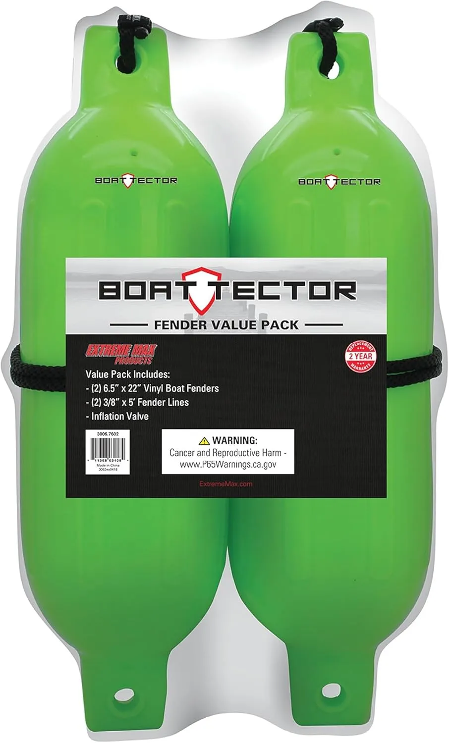 Extreme Max 3006.7602 BoatTector Inflatable Fender Value 2-Pack - 6.5" x 22", Neon Green