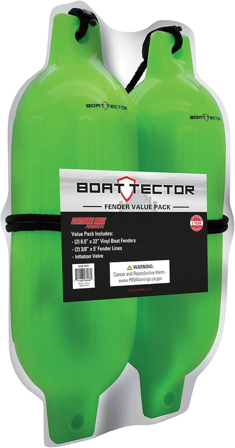 Extreme Max 3006.7602 BoatTector Inflatable Fender Value 2-Pack - 6.5" x 22", Neon Green