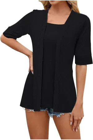 Eyelet Tops Cardigan for Women Summer Cover Ups Casual Dressy Shirts Short Sleeve 2 in 1 Shirts Elegant Blouses