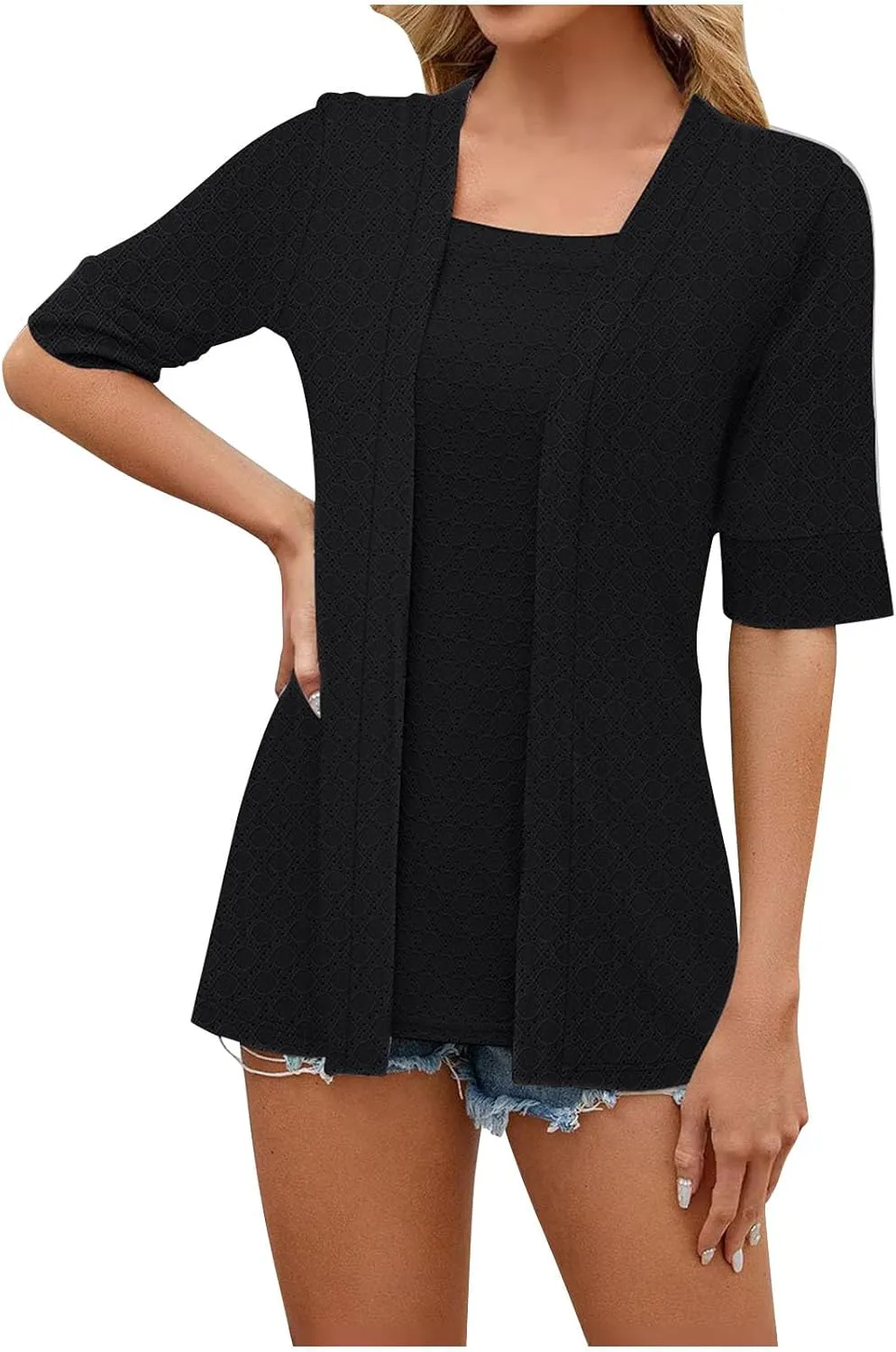 Eyelet Tops Cardigan for Women Summer Cover Ups Casual Dressy Shirts Short Sleeve 2 in 1 Shirts Elegant Blouses