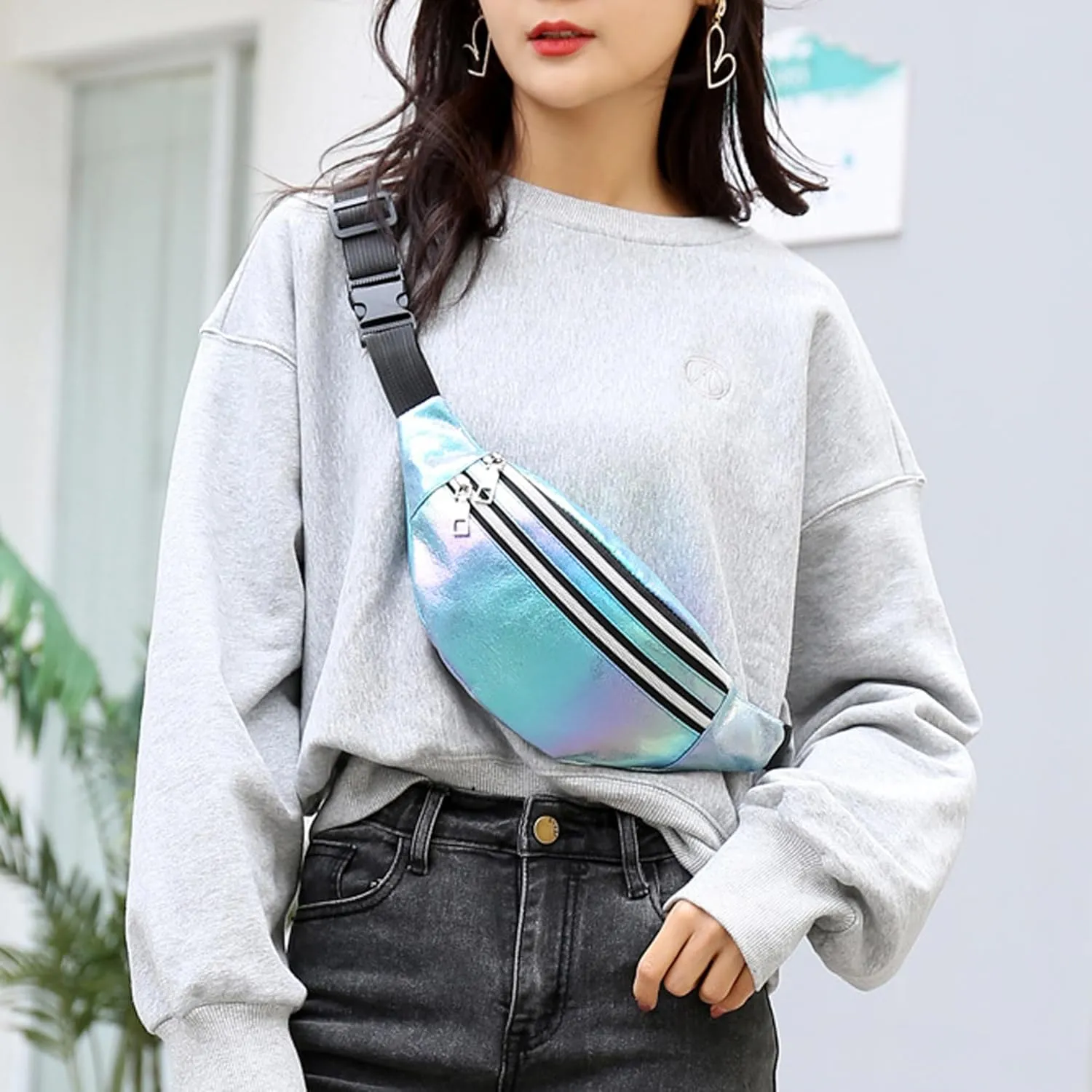 eYLun Women Holographic Fanny Pack Waist Bag Crossbody Bag Shiny Waist Pack Waterproof Bumbag Running and Traveling Blue