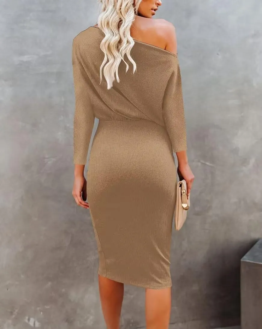 Ezbelle Women's Off The Shoulder 3/4 Sleeve Batwing HIPS-Wrap Pencil Party Sexy Bodycon Midi Dress Loose