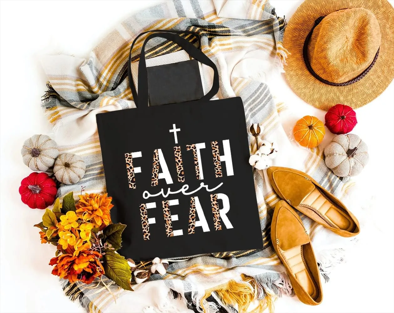 Faith Over Fear Canvas Tote Bag for Women Aesthetic Leopard Print Reusable Grocery Shopping Bags Christian Gifts