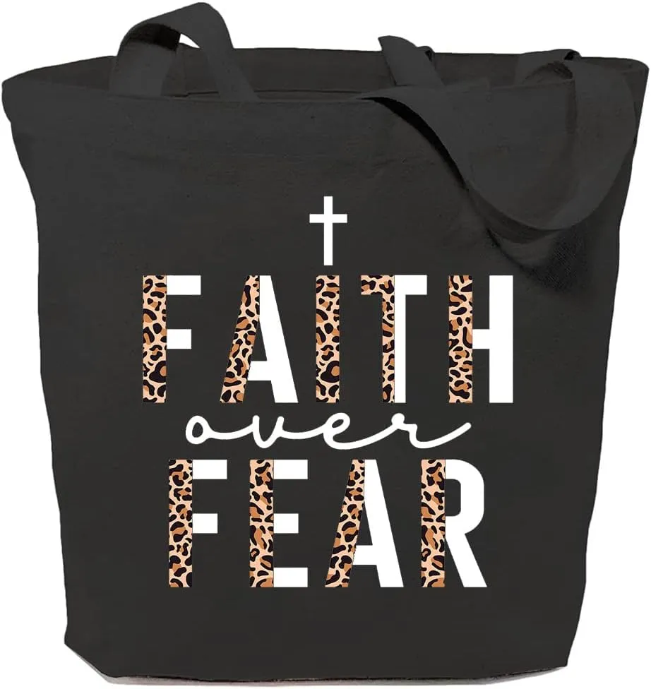 Faith Over Fear Canvas Tote Bag for Women Aesthetic Leopard Print Reusable Grocery Shopping Bags Christian Gifts