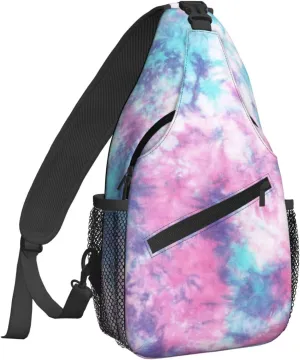Famame Pastel Blue Pink Tie Dye Sling Backpack Chest Bag Crossbody Shoulder Bag Gym Cycling Travel Hiking Daypack For Men Women