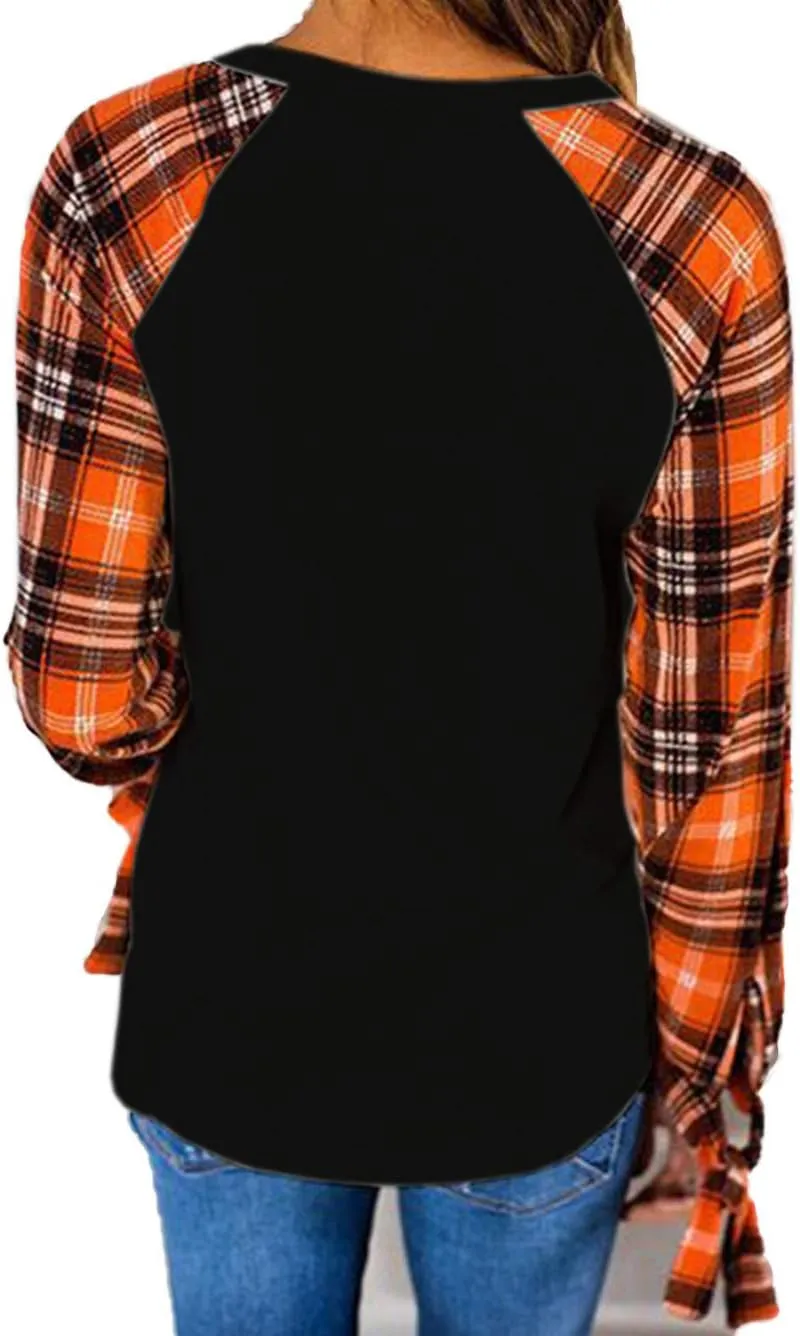 Famulily Women's Casual Raglan Tie Sleeve Plaid Print T Shirt Tops
