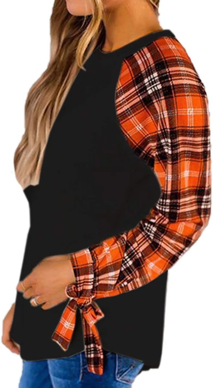 Famulily Women's Casual Raglan Tie Sleeve Plaid Print T Shirt Tops